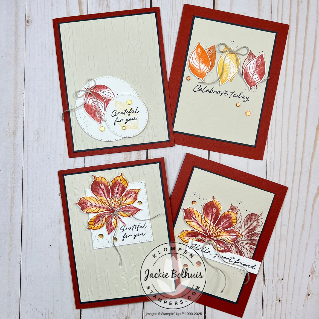 Simple card ideas featuring bold stamped leaves and warm fall colors.