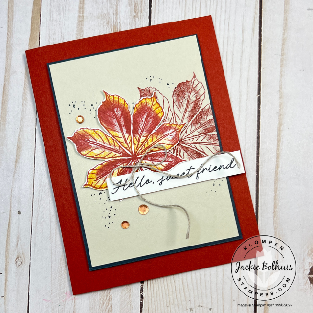 Handmade fall card showcasing simple layouts and leaf stamps.