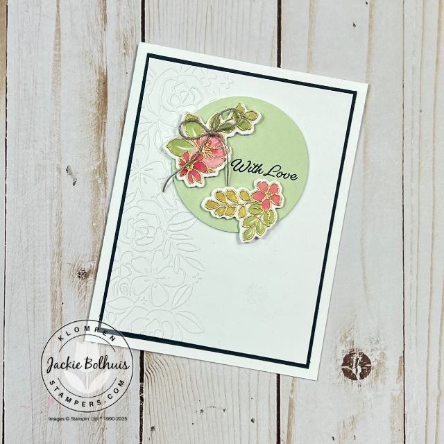 Close-up of a card featuring easy techniques for cards with die-cut florals from washi tape using the Stampin’ Up! Extraordinary Flora bundle, showcasing simple floral designs on top of a a circle punch.