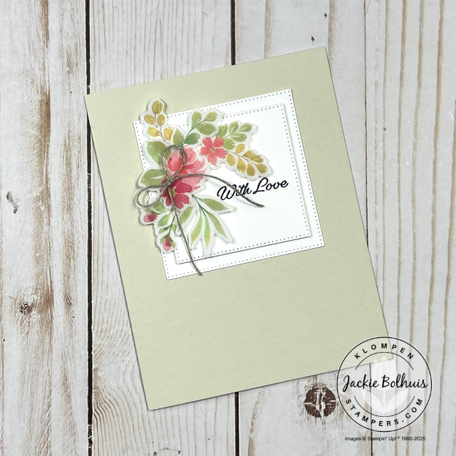 Card displaying easy techniques for cards with die-cut florals from washi tape using the Stampin’ Up! Extraordinary Flora bundle, with simple floral elements arranged inside square shapes.