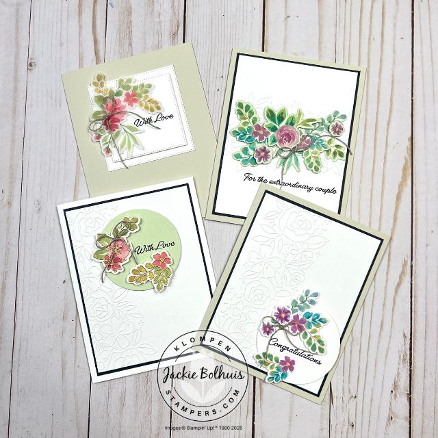 4 floral cards created with easy techniques for cards with die-cut florals from washi tape using the Stampin’ Up! Extraordinary Flora bundle.