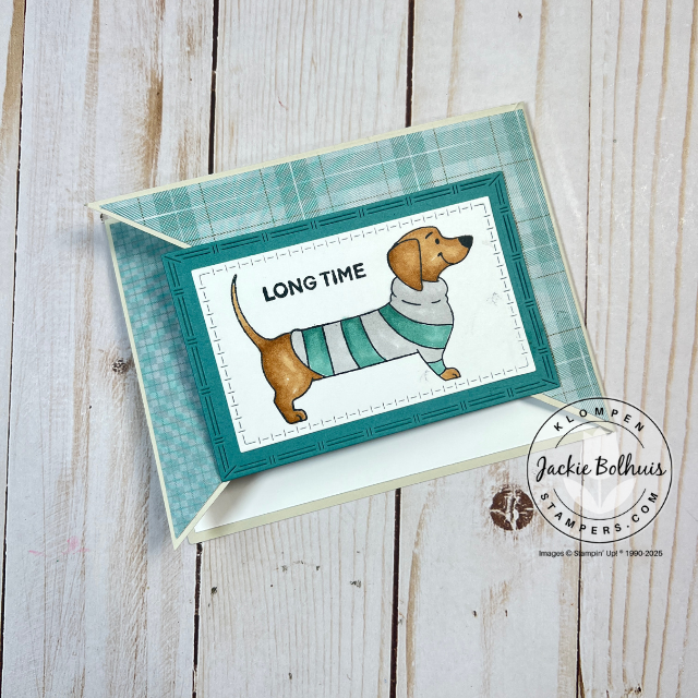Fun fold card design featuring Stampin’ Up!’s Long Time No See stamp set, with a sweet focal image and layered fold-out panels.