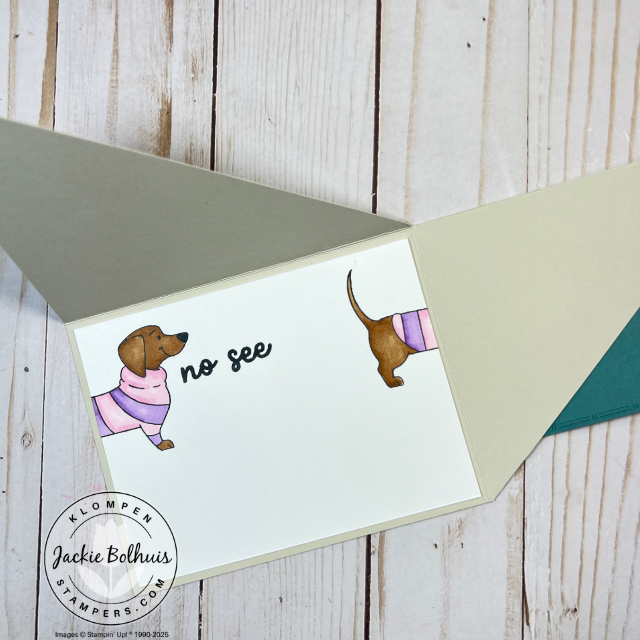 Inside view of the fun fold card showing the stamped greeting and space for a personalized message using Stampin’ Up! stamps.