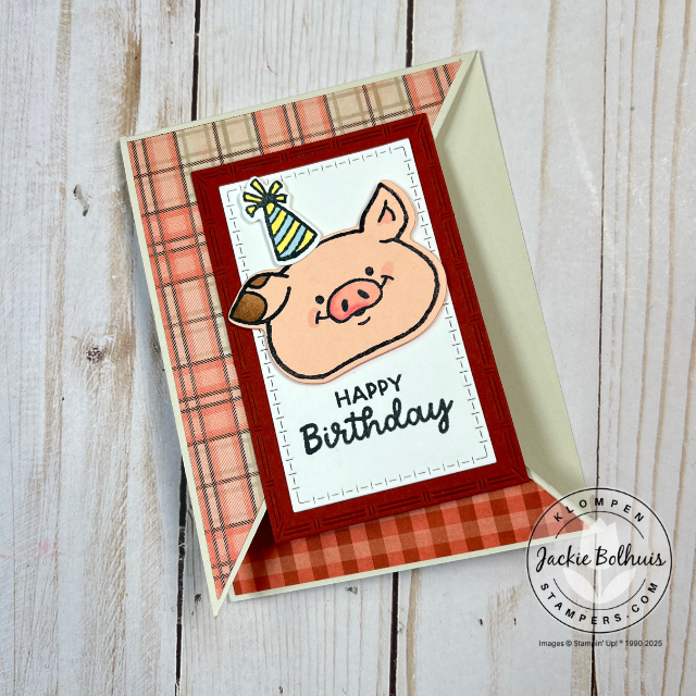 Flat-lay of completed piggy fun fold card made with Stampin’ Up! supplies and creative template design.