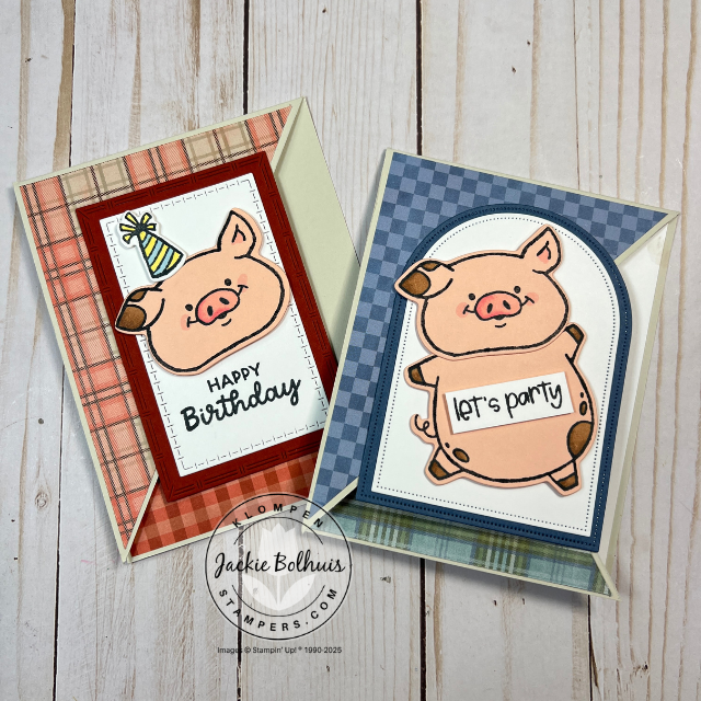 Fun fold birthday card featuring large piggy stamped image as the focal point, standing open to show layered panels.