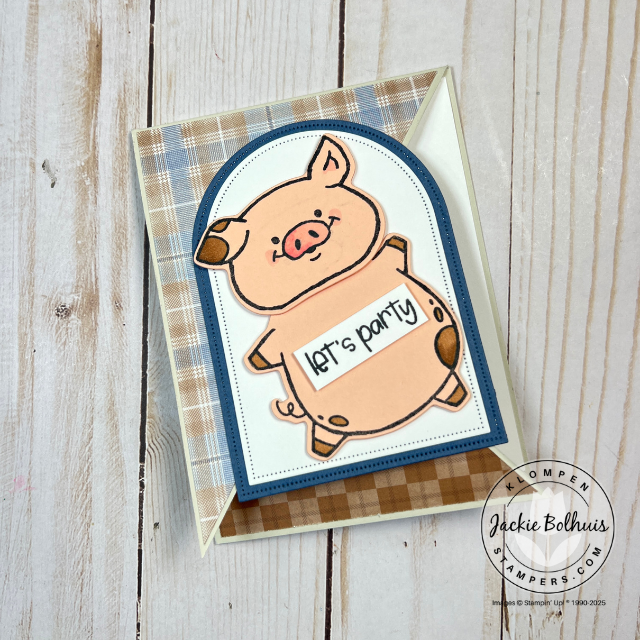 Handmade fun fold card with large piggy cutout on the front panel and patterned paper background.