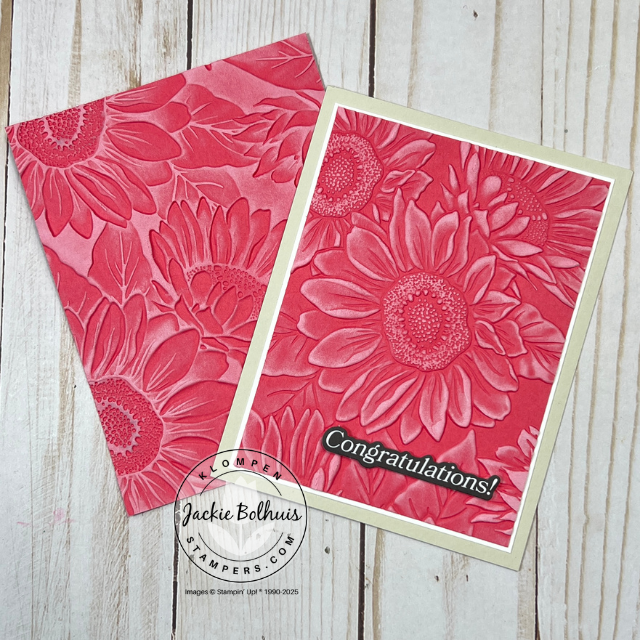 Card showing an embossed and inked background with the Sunflower 3D Embossing Folder from Stampin’ Up! and a clean, small sentiment tag.