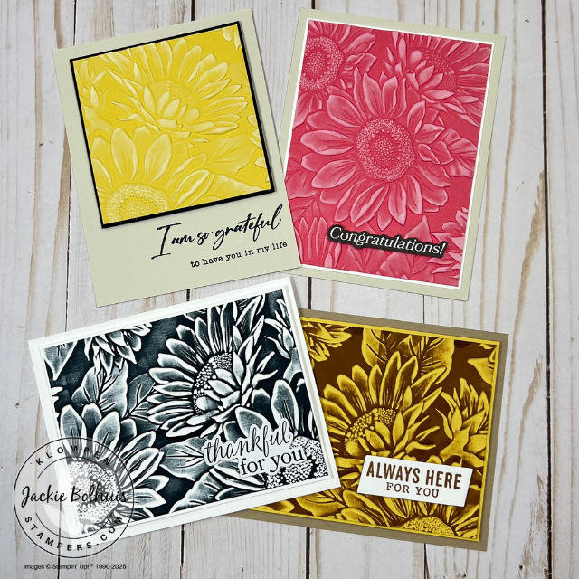 Four handmade card featuring a easy background techniques that are textured, embossed sunflower background using sanding and stamping techniques, finished with a small, understated sentiment.