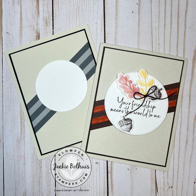 Handmade card featuring a background of small patterned paper strips with a large central layer showcasing a stamped image and sentiment.