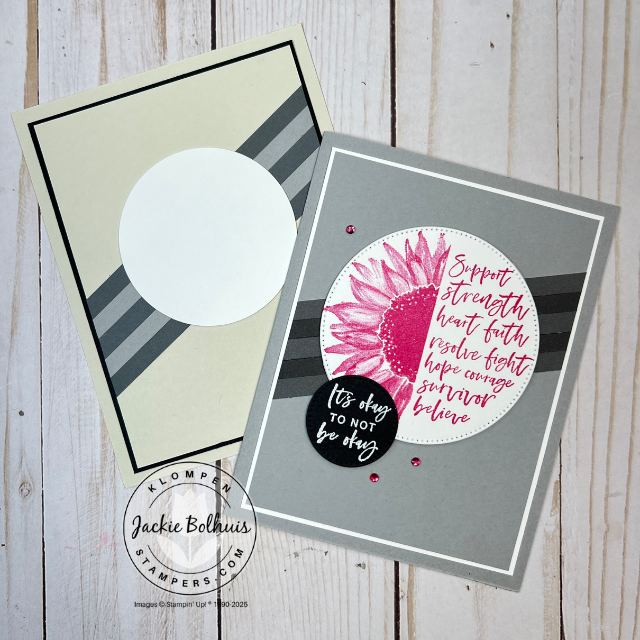 Simple handmade card layout with background paper strips and a prominent focal piece displaying stamped artwork and a sentiment.