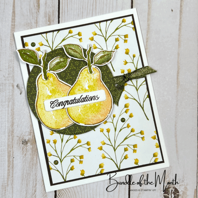 Handmade greeting card featuring Stampin’ Up! Perfectly Pears Bundle with pears as the focal points and bright colors.
