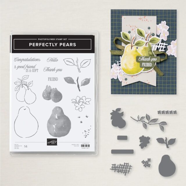Graphic from Stampin' Up! displaying the Perfectly Pears bundle stamp set and dies.