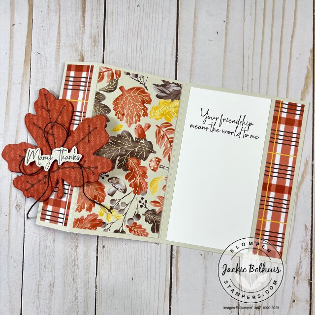 Finished fun fold card opened up to showcase the unique fold and detailed die-cut centerpiece.