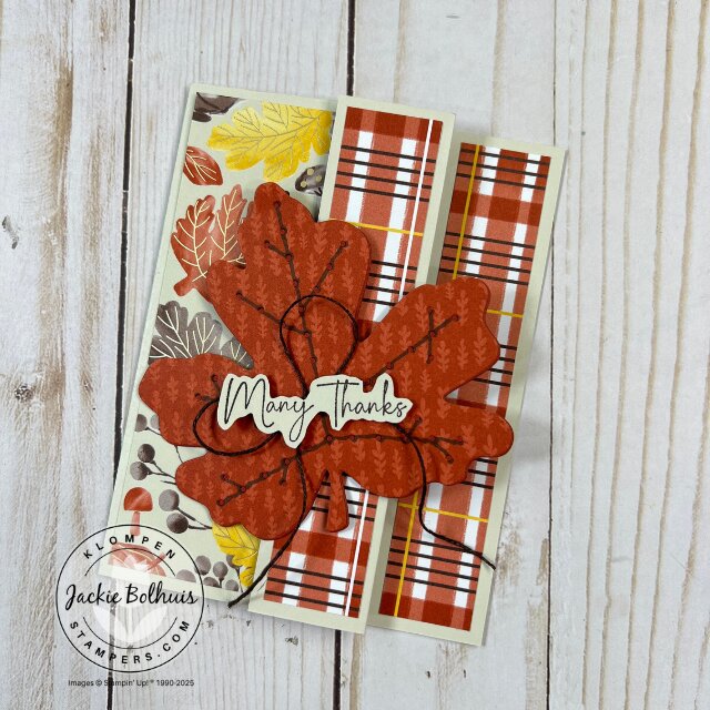 Handmade fun fold card featuring autumn colors and the Gathering Moments dies as a decorative focal layer.