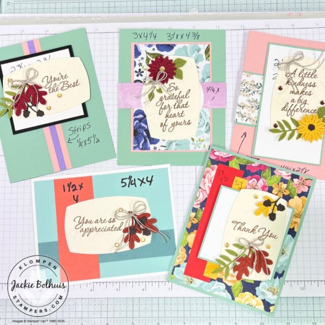 Handmade cards displayed on a table created using card making templates and Stampin’ Up! supplies