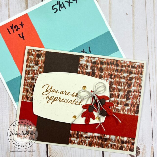 Close-up of focal layer design with stamped sentiment and die-cut leaves and flowers