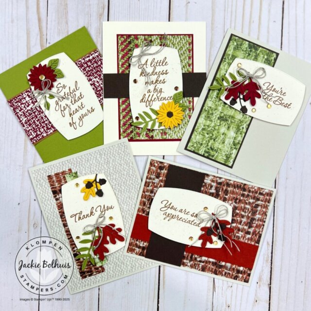 Finished set of five handmade cards created with different card making templates