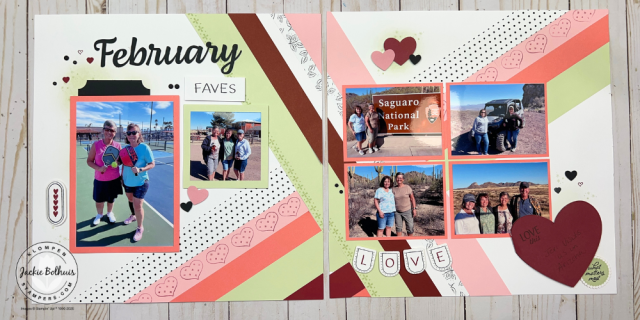 Close-up of patterned paper and embellishments from the Stampin’ Up! Album Retreat Kit, showing beginner-friendly scrapbook details.
