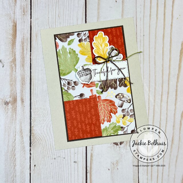 Quick and easy autumn greeting card using Template #7 with patterned paper from Stampin’ Up!® Gathering Together Designer Series Paper.