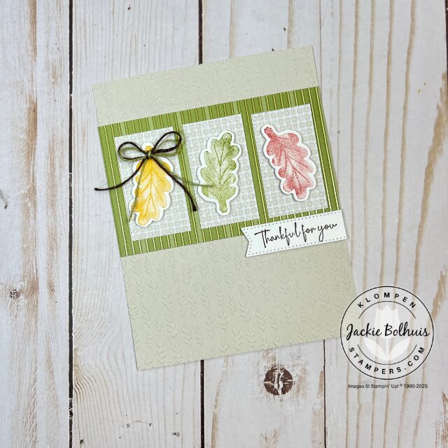 Handmade autumn card with bold fall tones, stamped sentiment, and layered paper accents.