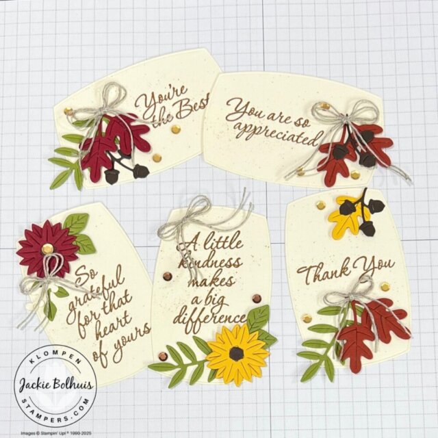 Five stamped sentiment labels die-cut and ready to use as focal points for handmade cards
