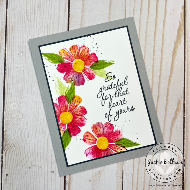 Close-up of a floral card design stamped with the Impressions Abloom set from Stampin’ Up!®, showcasing smooth, multi-color blending with the baby wipe stamping method, an easy technique for stunning results.