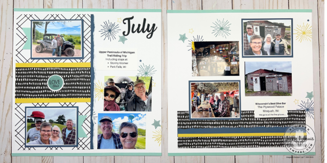 Close view of embellishments and titles on a scrapbook page, highlighting beginner-friendly techniques.