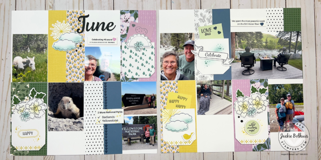 Example of a monthly scrapbook page layout from the retreat kit, easy to follow for all levels of crafters.