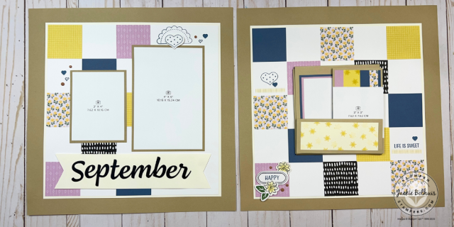 A scrapbooker adding photos to the Mom by Month Album Retreat Kit layout—step-by-step process for beginners.