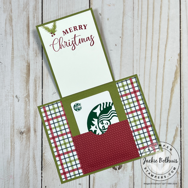 Open fun fold gift card holder template featuring festive Christmas patterns from Traditions of Christmas DSP with a decorative label sentiment created using Stampin’ Up! Traditional Labels dies.