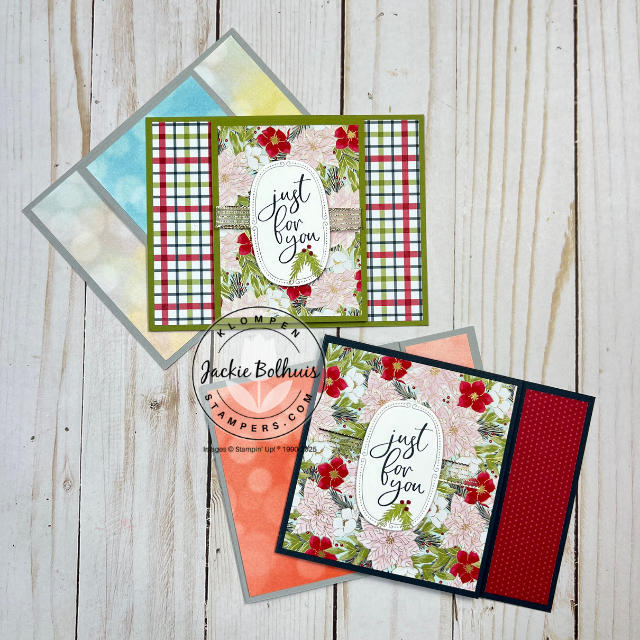 Two Christmas fun fold gift card holders with matching templates shown side by side, featuring holiday patterns from Traditions of Christmas Designer Series Paper and sentiment labels made with Stampin’ Up! Traditional Labels stamps and dies.