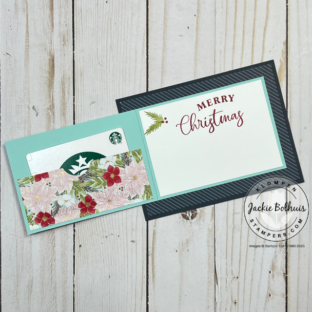 Festive fun fold gift card holder inside layout using holiday-themed Traditions of Christmas DSP and Stampin’ Up! Traditional Labels stamps and dies, perfect for holding a gift card.