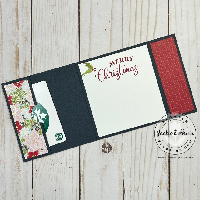 Handmade Christmas gift card holder interior crafted with Traditions of Christmas Designer Series Paper and finished with a stamped label from the Traditional Labels set.