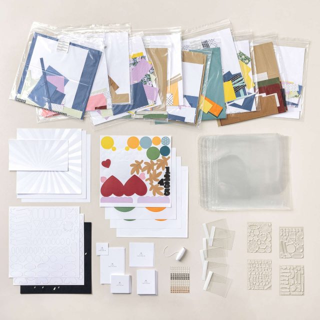 Promo items included in the Stampin’ Up! Mom by Month Album Retreat Kit—featuring stamps, papers, and embellishments perfect for scrapbooking for beginners or any scrapbooker.