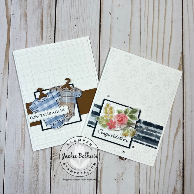 Two handmade card samples created with the same card template, featuring different Stampin’ Up! stamp sets for various occasions.