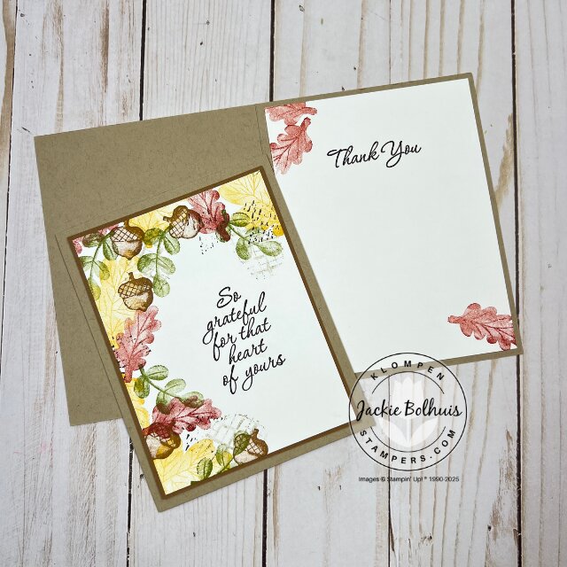 Completed fall-themed card from the One Sheet Wonder project shown open to display both the outside design and simple stamped inside.
