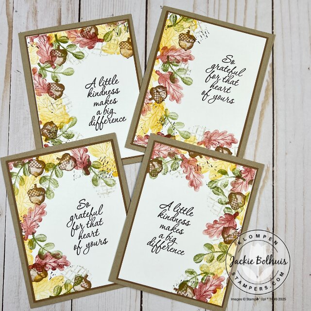 Four completed fall cards created from one stamped One Sheet Wonder background using Stampin’ Up!® Label Me Grateful and Gathering Moments stamp sets.