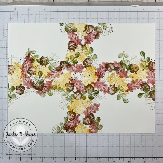 Final stamped One Sheet Wonder background ready to cut and turn into four handmade fall cards.