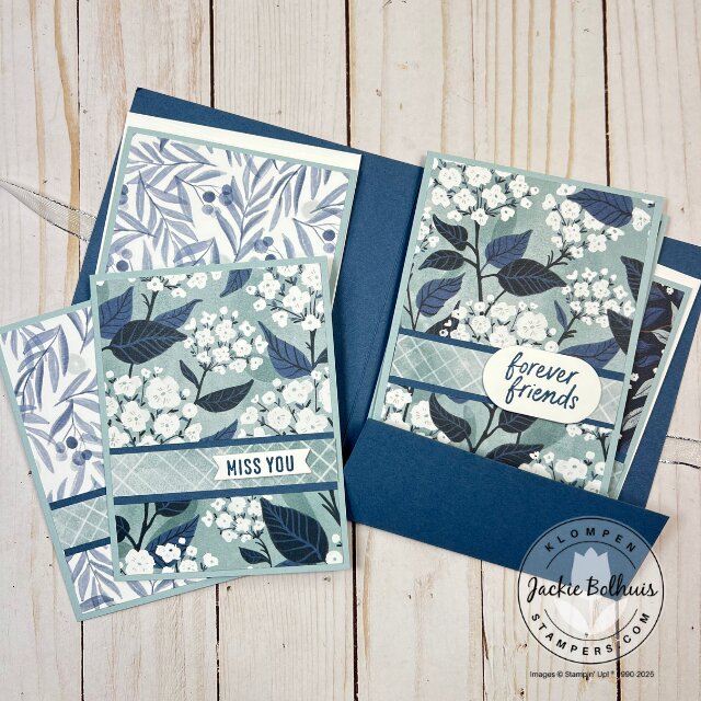 Inside view of the card folio showing six completed cards neatly tucked into pockets with coordinating envelopes.