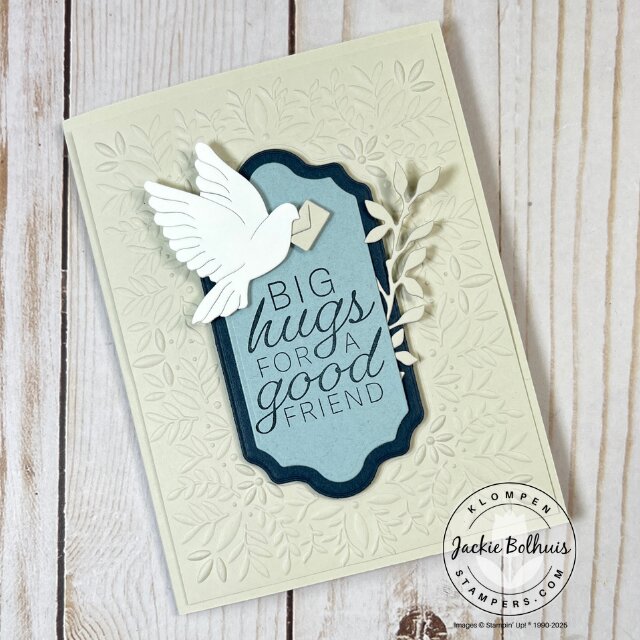 Sample handmade card from November's Bundle of the Month cardmaking class featuring the Peace On Earth Bundle, one of 15 exclusive designs with step-by-step video tutorials.