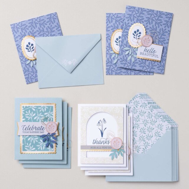 Finished cards from the Everyday Beauty Kit with soft botanical patterns, gold accents, and stamped sentiment panels.