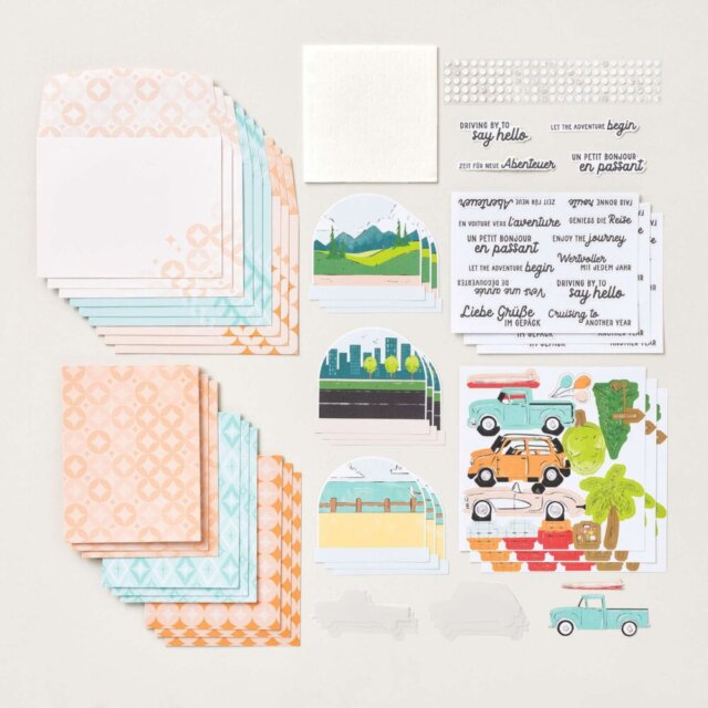 Flat lay of the supplies included in these beginner-friendly Stampin’ Up! card kits, showing precut pieces, envelopes, die-cuts, and step-by-step instructions.