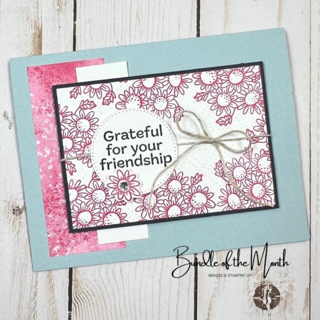 Sample card from the Pop-Up Petals Bundle of the Month Class featuring layered floral die cuts, a dimensional pop-up element, and a simple, clean layout perfect for beginner and experienced card makers.