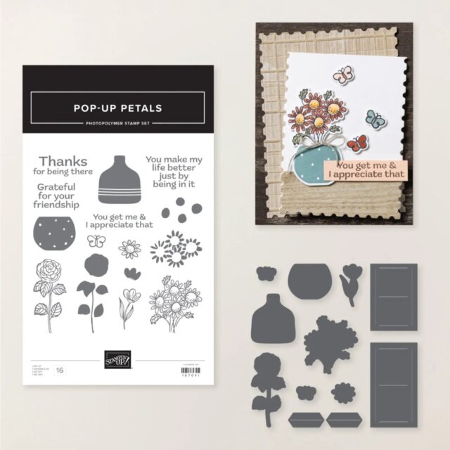 Stampin’ Up! Pop-Up Petals Bundle product image showing the coordinating stamp set and dies, including floral stamps, layered petal dies, and shape elements used in the Bundle of the Month class.