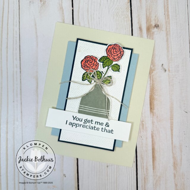 Easy card front idea with coordinated colors and a die cut flower centerpiece.