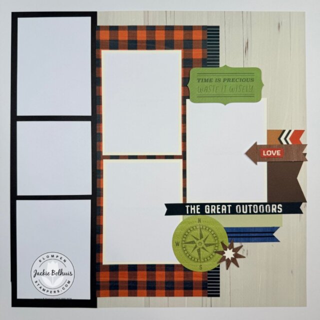 Double-page scrapbook layout featuring hiking and outdoor theme elements ready for photos, from the Weekend Adventures Kit.