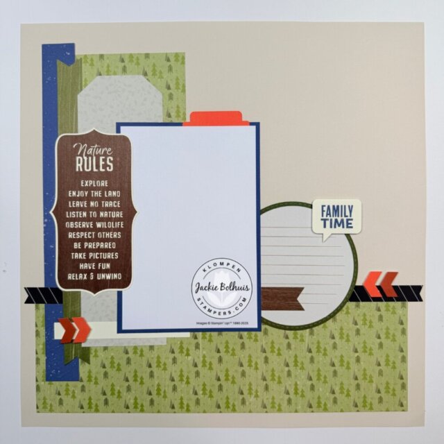 Outdoor adventure scrapbook spread with layered papers and photo mats ready to add pictures.