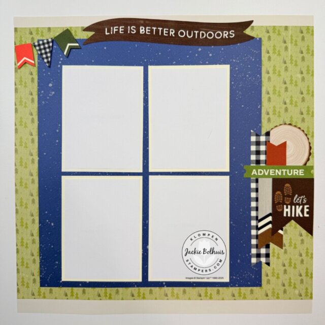 Nature-inspired scrapbook page layout with green and plaid patterns, perfect for outdoor family memories.