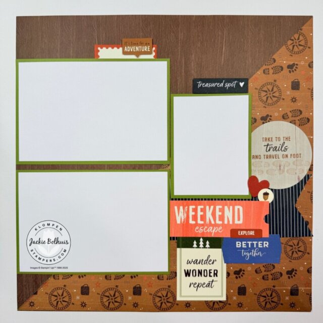 Coordinated scrapbook layout with tree and compass motifs designed for documenting weekend trips and nature walks.