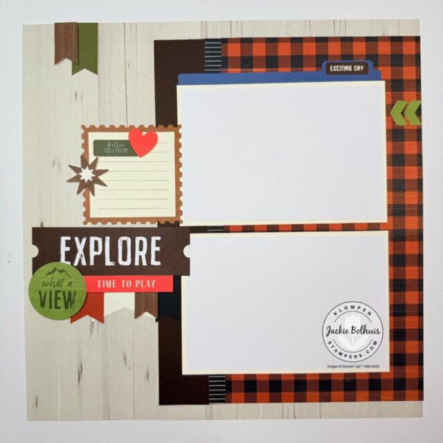 12x12 scrapbook layout with woodgrain background and outdoor adventure embellishments, created using the Weekend Adventures Kit.